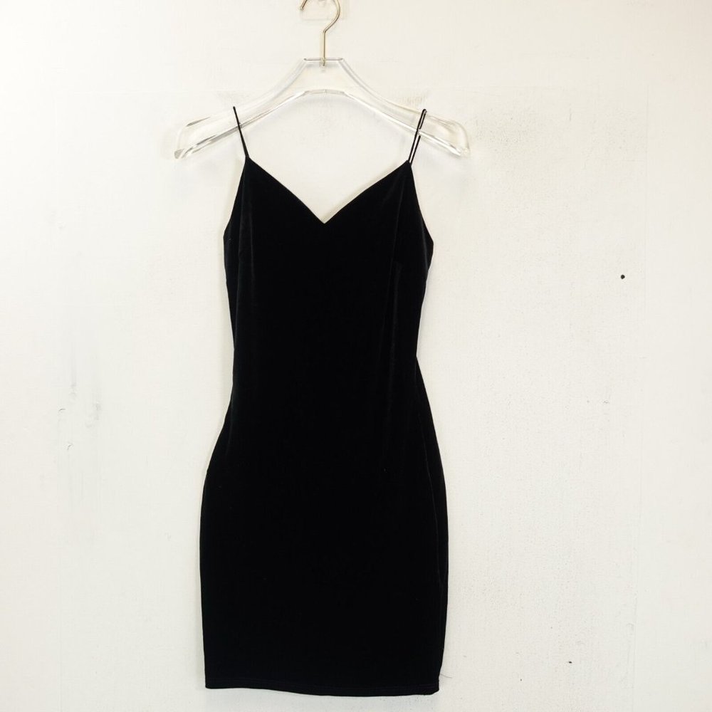 MISTYROSE‎ Dress Velvet Black Bodycon Mini SMALL Strap Stretch Solid Open Back